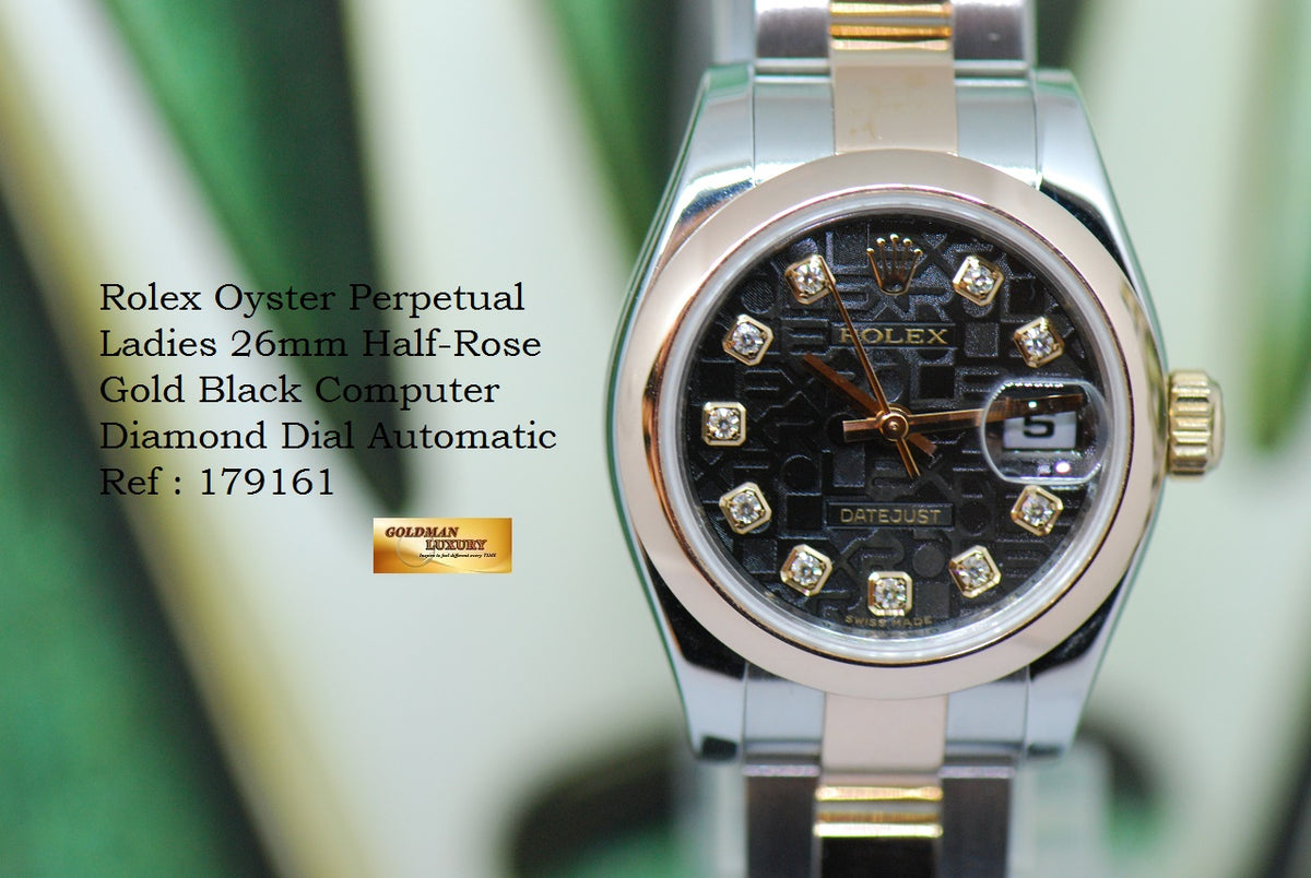 [SOLD] ROLEX OYSTER DATEJUST 26mm HALF-ROSE GOLD BLACK COMPUTER DIAMOND DIAL 179161 (MINT)