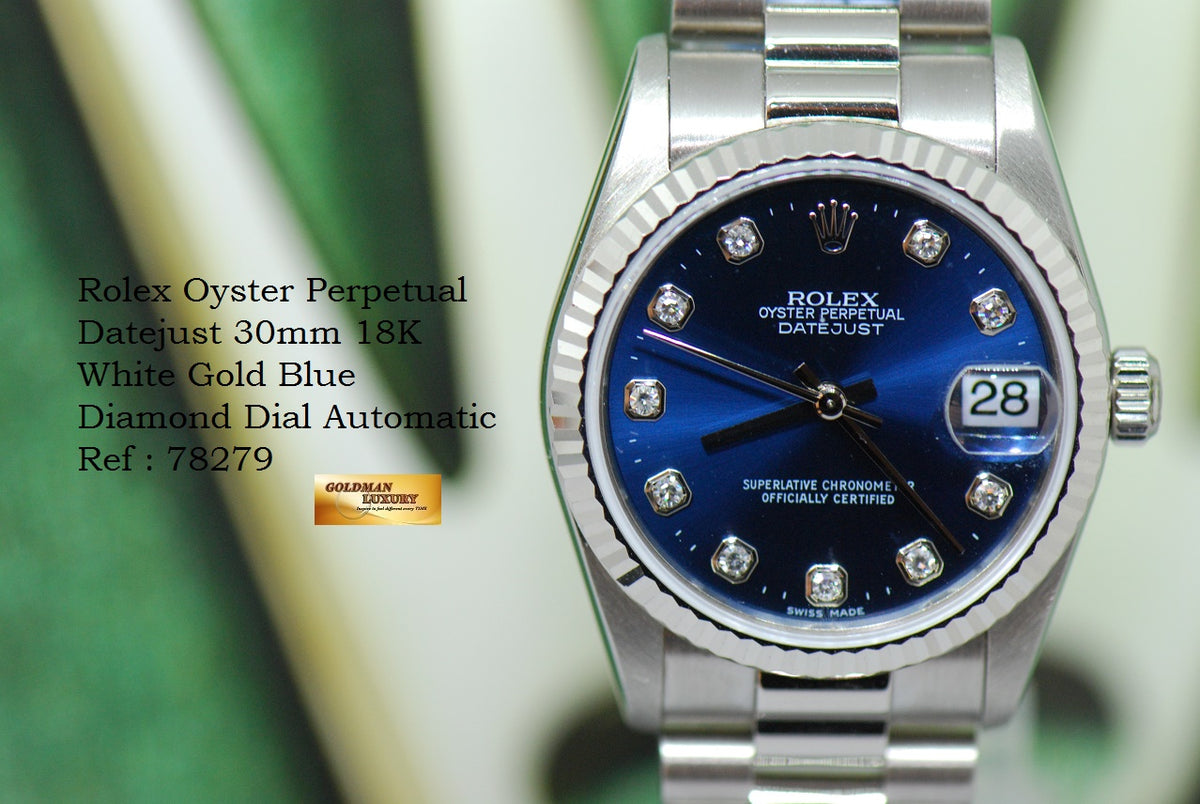 [SOLD] ROLEX OYSTER DATEJUST 30mm 18K WHITE GOLD BLUE DIAMOND DIAL 78279 (MINT)