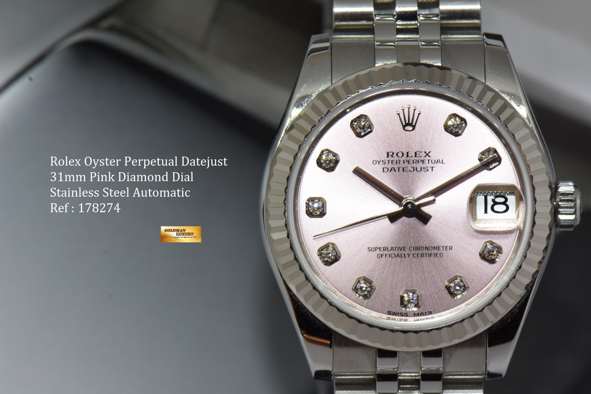 [SOLD] ROLEX OYSTER DATEJUST 31mm PINK DIAL DIAMOND STAINLESS STEEL JUBILEE 178274 (MINT)