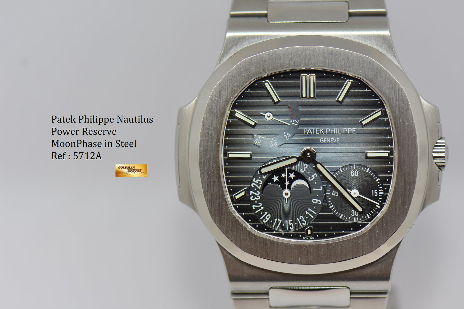 SOLD PATEK PHILIPPE NAUTILUS MOONPHASE POWER RESERVE IN STEEL 5712A Goldman Luxury