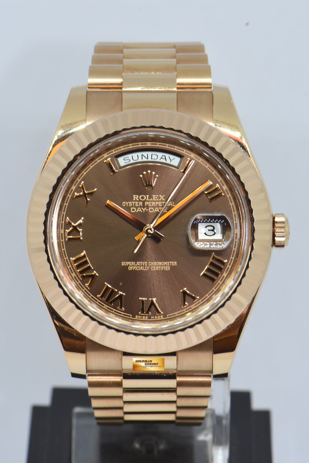 [SOLD] ROLEX OYSTER PERPETUAL DAY-DATE 41 CHOCOLATE DIAL 18K ROSE GOLD 218235 (MINT)