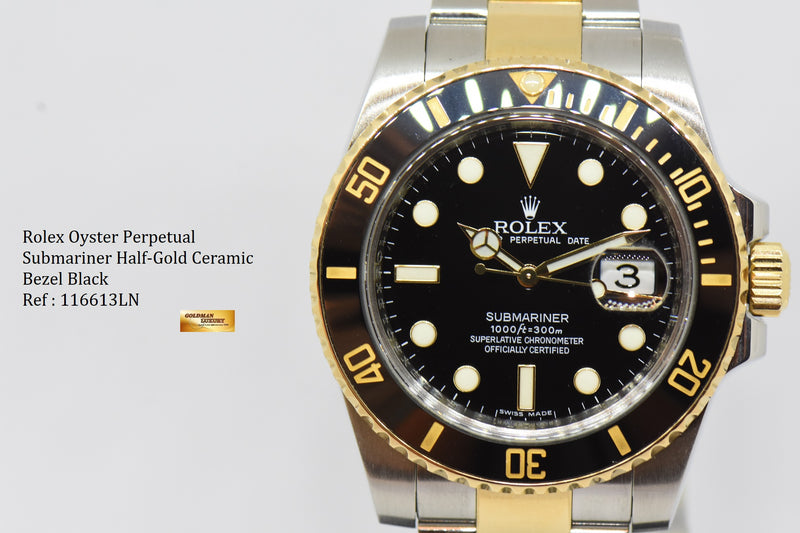 SOLD ROLEX OYSTER PERPETUAL SUBMARINER HALF GOLD CERAMIC BLACK