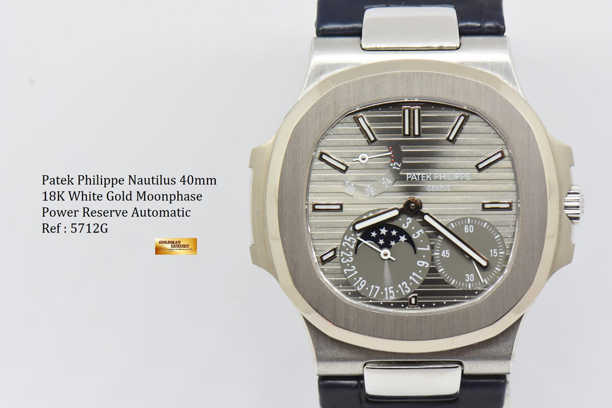 [SOLD] PATEK PHILIPPE NAUTILUS 40mm MOONPHASE POWER RESERVE 18K WHITE GOLD AUTOMATIC 5712G (LNIB)