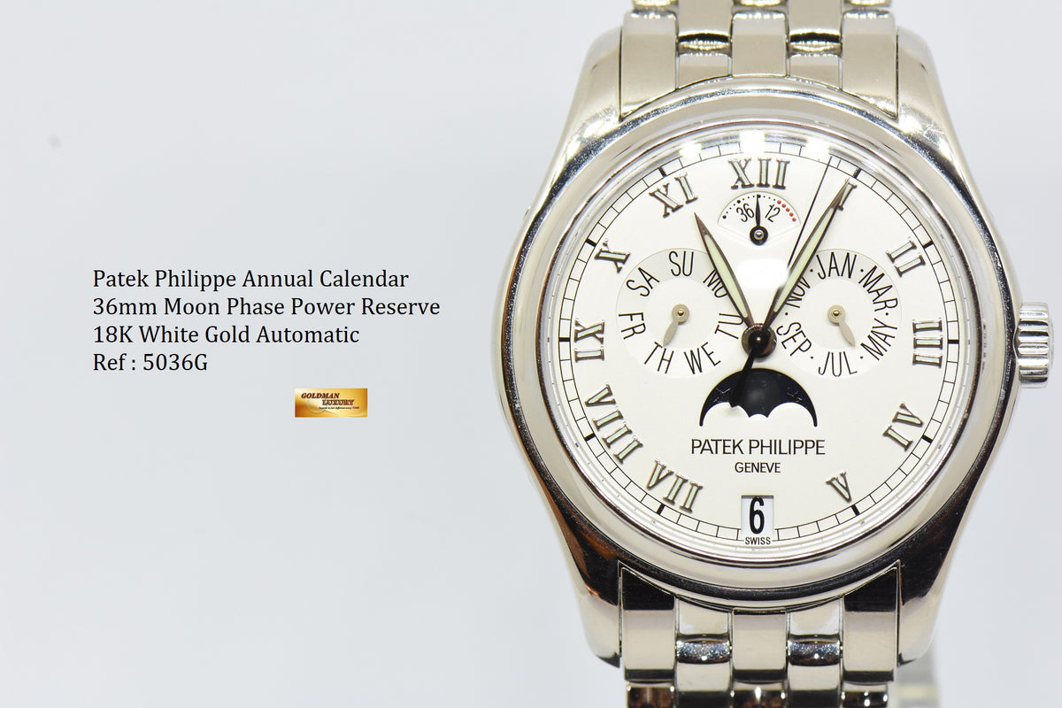 [SOLD] PATEK PHILIPPE ANNUAL CALENDAR 36mm 18K WHITE GOLD IN BRACELET MOONPHASE POWER RESERVE AUTOMATIC 5036G (NEAR MINT)