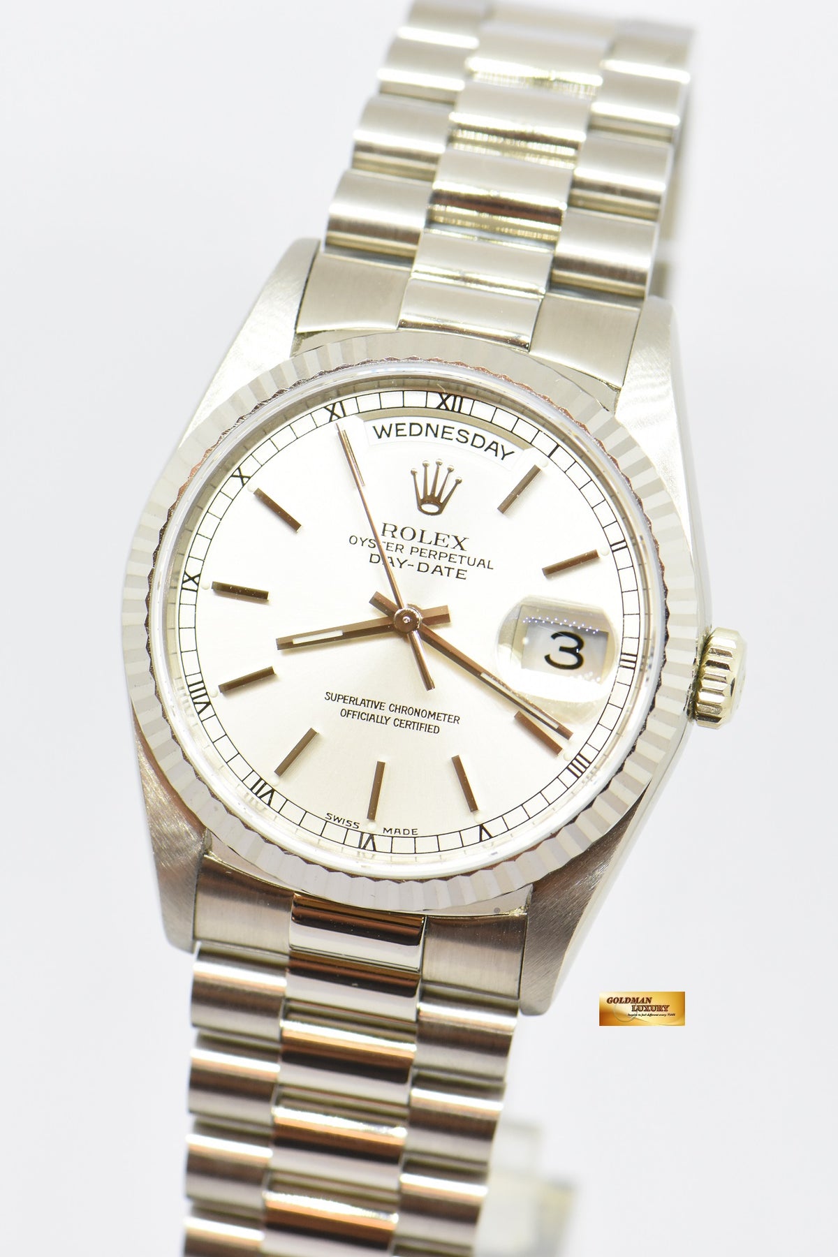 [SOLD] ROLEX OYSTER PERPETUAL DAY-DATE 36mm 18K WHITE GOLD IN BRACELET DOUBLE QUICK-SET DATE 18239 (MINT)