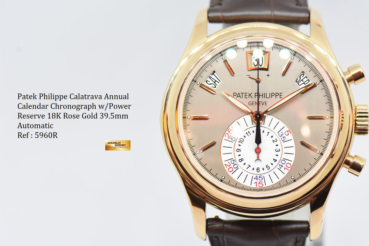[SOLD] PATEK PHILIPPE COMPLICATIONS ANNUAL CALENDAR FLYBACK CHRONOGRAPH w/ POWER RESERVE 18K ROSE GOLD AUTOMATIC 5960R (NEW OLD STOCK)