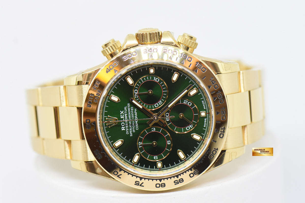 [SOLD] ROLEX OYSTER PERPETUAL DAYTONA 18K YELLOW GOLD IN BRACELET GREEN DIAL 116508 (MINT) (UNPOLISHED)