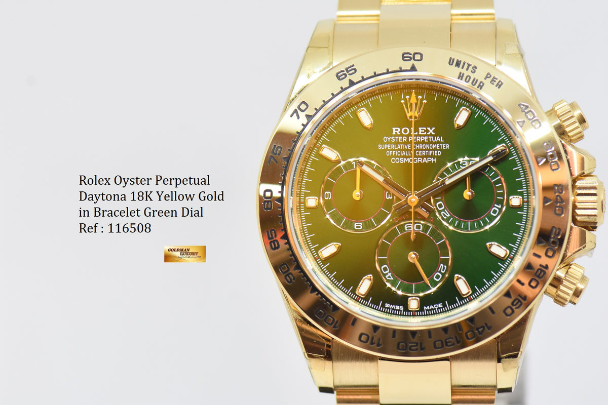 [SOLD] ROLEX OYSTER PERPETUAL DAYTONA 18K YELLOW GOLD IN BRACELET GREEN DIAL 116508 (MINT) (UNPOLISHED)