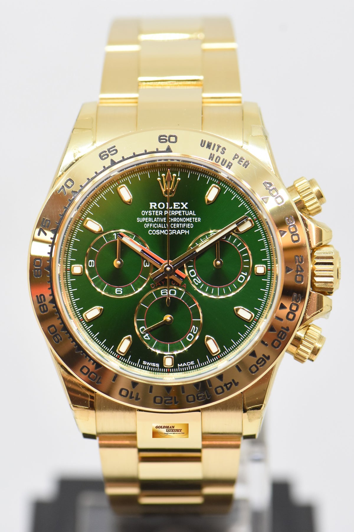 [SOLD] ROLEX OYSTER PERPETUAL DAYTONA 18K YELLOW GOLD IN BRACELET GREEN DIAL 116508 (MINT) (UNPOLISHED)