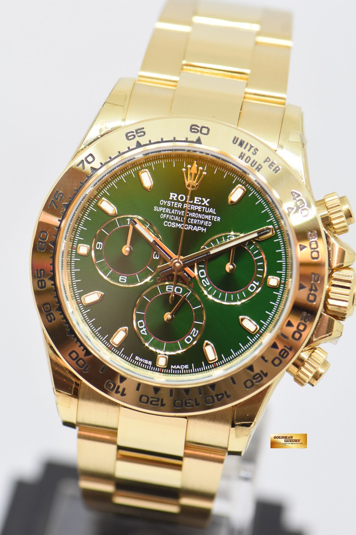[SOLD] ROLEX OYSTER PERPETUAL DAYTONA 18K YELLOW GOLD IN BRACELET GREEN DIAL 116508 (MINT) (UNPOLISHED)