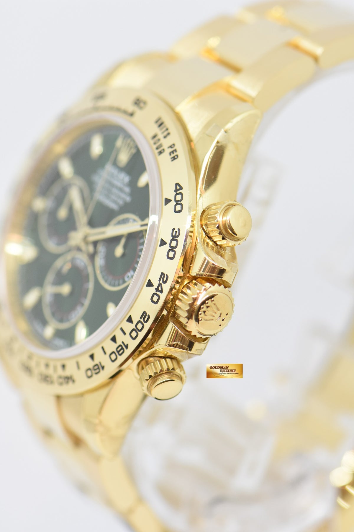 [SOLD] ROLEX OYSTER PERPETUAL DAYTONA 18K YELLOW GOLD IN BRACELET GREEN DIAL 116508 (MINT) (UNPOLISHED)