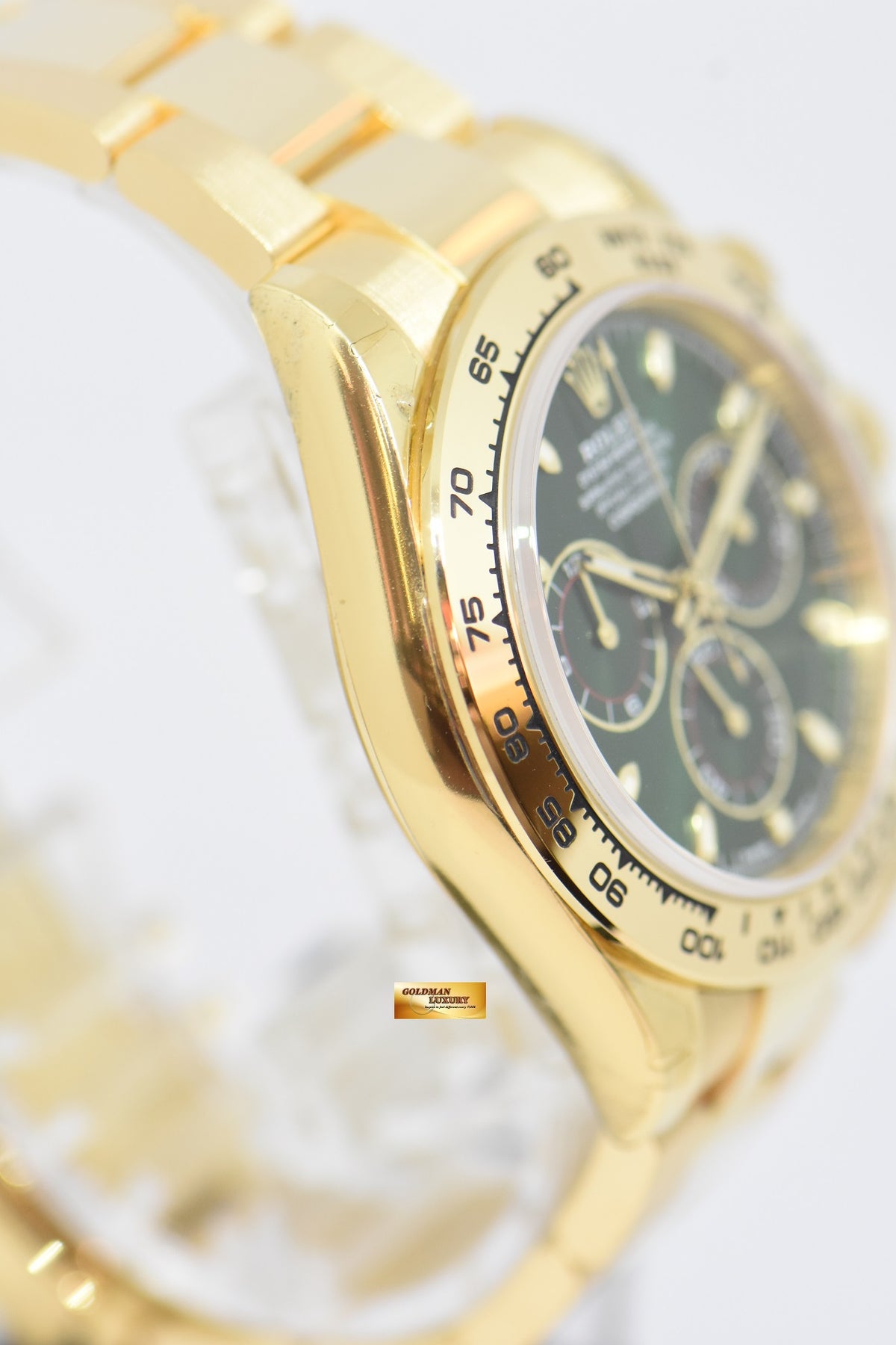 [SOLD] ROLEX OYSTER PERPETUAL DAYTONA 18K YELLOW GOLD IN BRACELET GREEN DIAL 116508 (MINT) (UNPOLISHED)