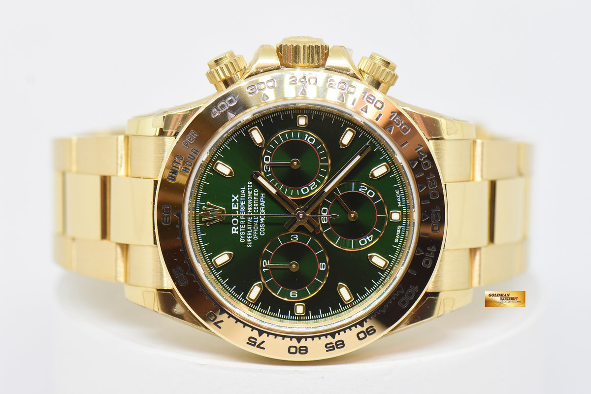 [SOLD] ROLEX OYSTER PERPETUAL DAYTONA 18K YELLOW GOLD IN BRACELET GREEN DIAL 116508 (MINT) (UNPOLISHED)