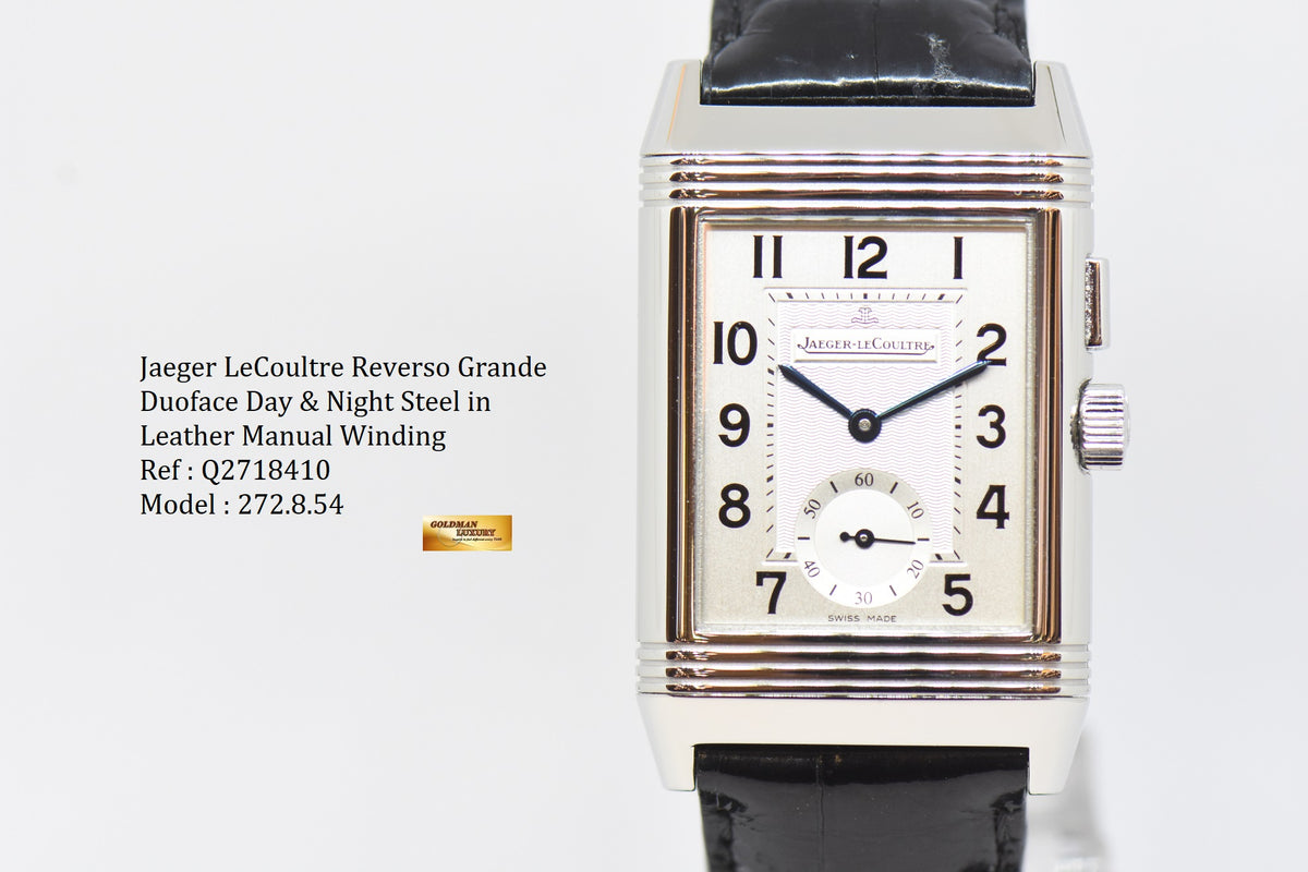 [SOLD] JLC REVERSO GRANDE DUOFACE STEEL IN LEATHER DAY / NIGHT MANUAL WINDING Q2718410 (MINT)