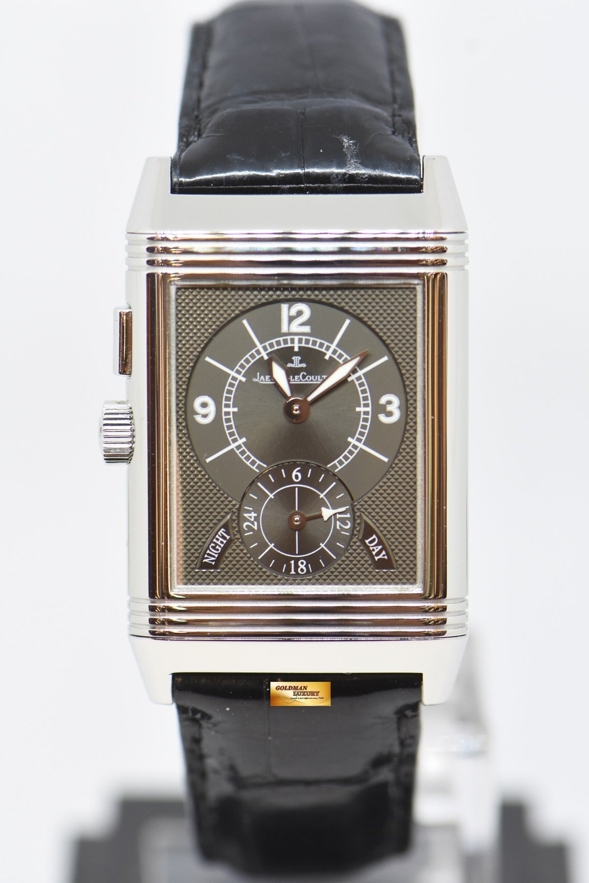 [SOLD] JLC REVERSO GRANDE DUOFACE STEEL IN LEATHER DAY / NIGHT MANUAL WINDING Q2718410 (MINT)