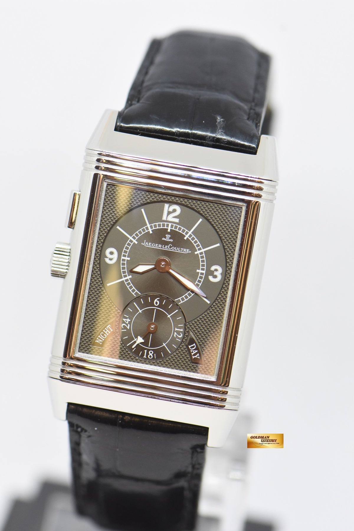 [SOLD] JLC REVERSO GRANDE DUOFACE STEEL IN LEATHER DAY / NIGHT MANUAL WINDING Q2718410 (MINT)