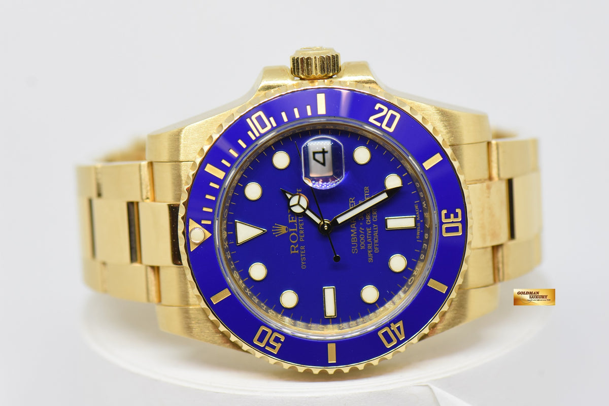 [SOLD] ROLEX OYSTER PERPETUAL SUBMARINER BLUE CERAMIC BEZEL 18K YELLOW GOLD IN BRACELET 116618LB (MINT)
