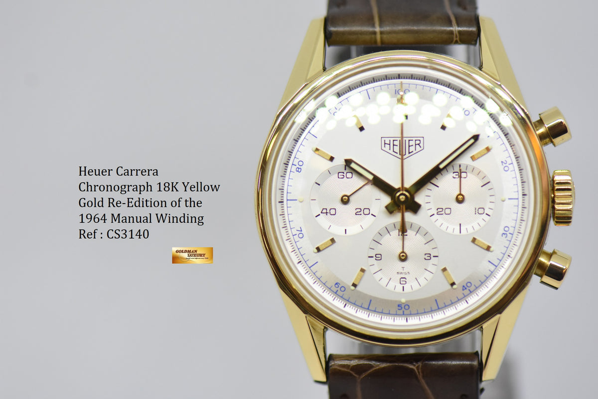 [SOLD] HEUER CARRERA CHRONOGRAPH RE-EDITION OF THE 1964 18K YELLOW GOLD MANUAL WINDING CS3140 (MINT)