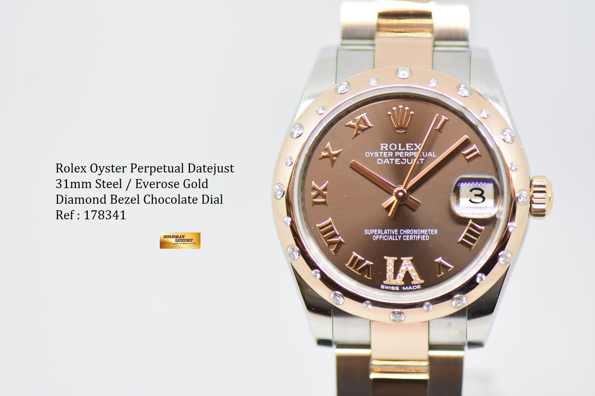 [SOLD] ROLEX OYSTER PERPETUAL DATEJUST 31 BOYSIZE CHOCOLATE DIAL ROSE-GOLD / STEEL IN OYSTER DIAMOND BEZEL 178341 (LNIB)