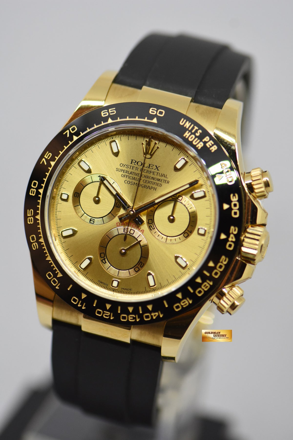 [SOLD] ROLEX OYSTER PERPETUAL DAYTONA YELLOW GOLD IN RUBBER STRAP GOLD DIAL 116518LN (NEW-UNWORN)