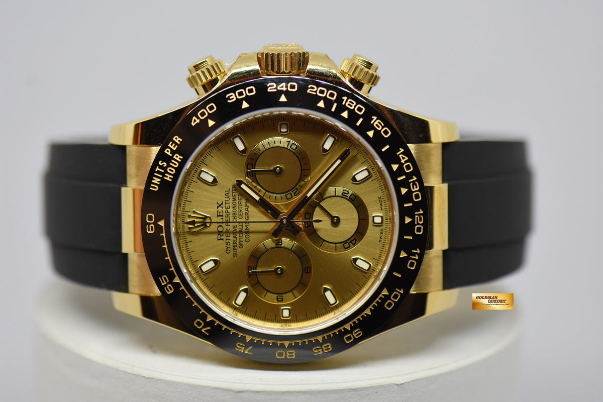 [SOLD] ROLEX OYSTER PERPETUAL DAYTONA YELLOW GOLD IN RUBBER STRAP GOLD DIAL 116518LN (NEW-UNWORN)