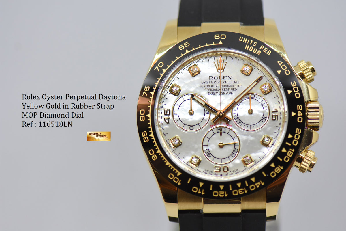 [SOLD] ROLEX OYSTER PERPETUAL DAYTONA YELLOW GOLD IN RUBBER STRAP MOP DIAMOND DIAL 116518LN (NEW-UNWORN)