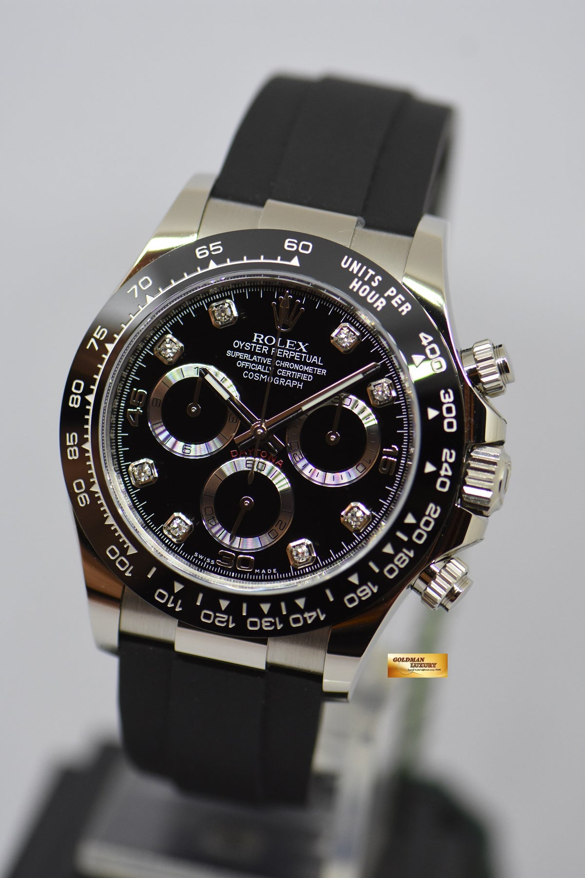 [SOLD] ROLEX OYSTER PERPETUAL DAYTONA WHITE GOLD IN RUBBER STRAP BLACK DIAMOND DIAL 116519LN (NEW-UNWORN)