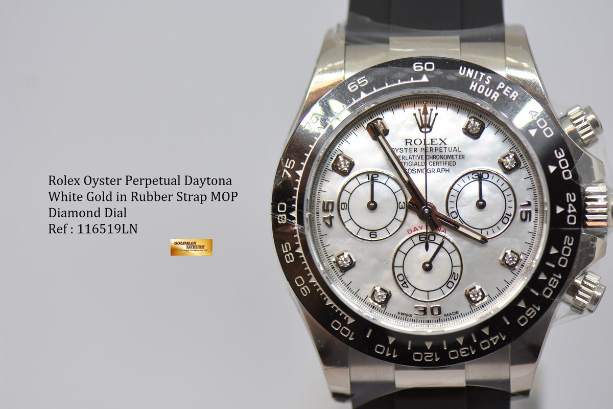 [SOLD] ROLEX OYSTER PERPETUAL DAYTONA WHITE GOLD IN RUBBER STRAP MOP DIAMOND DIAL 116519LN (NEW-UNWORN)