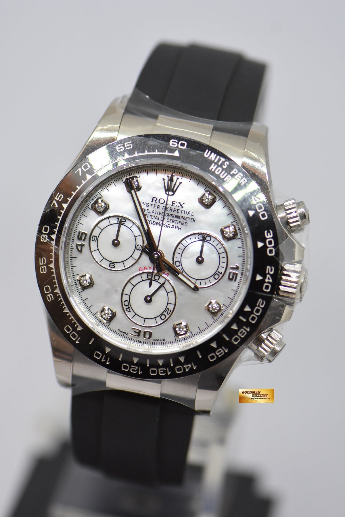 [SOLD] ROLEX OYSTER PERPETUAL DAYTONA WHITE GOLD IN RUBBER STRAP MOP DIAMOND DIAL 116519LN (NEW-UNWORN)
