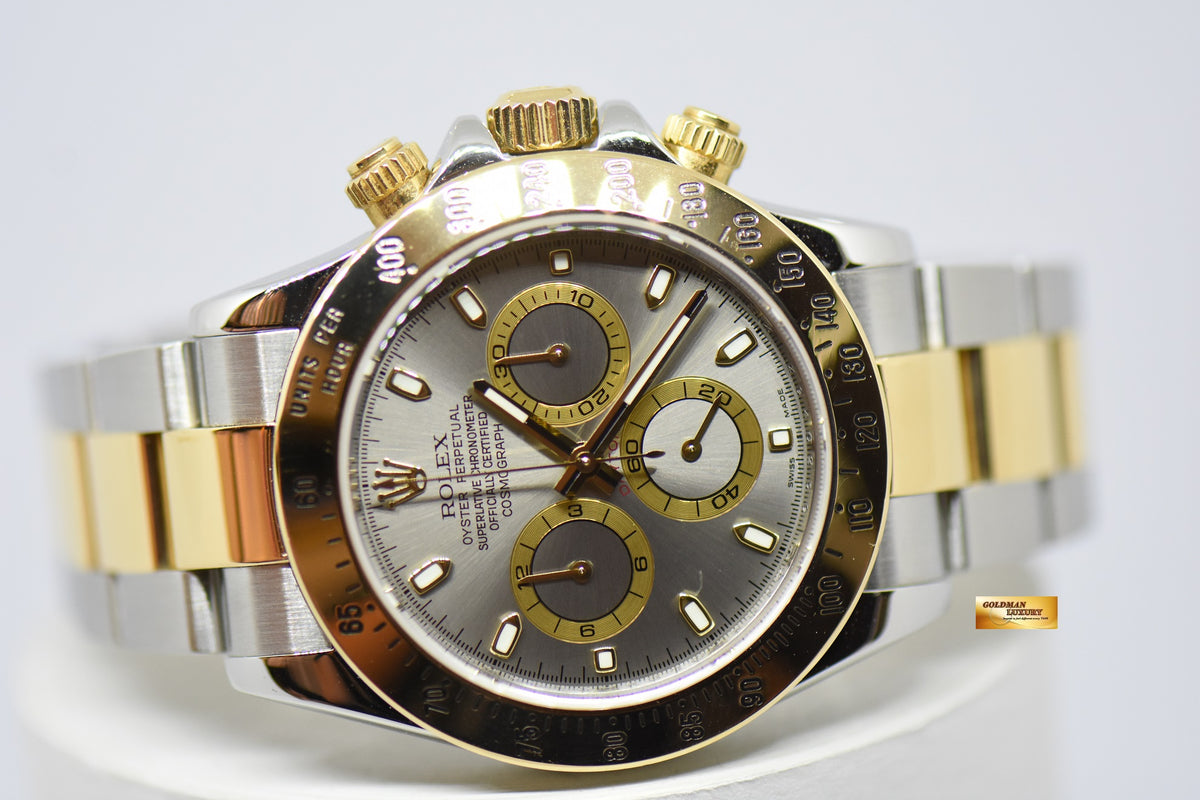 [SOLD] ROLEX OYSTER PERPETUAL DAYTONA HALF-GOLD IN BRACELET SILVER DIAL 116523 (MINT)