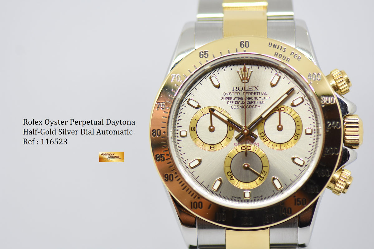 [SOLD] ROLEX OYSTER PERPETUAL DAYTONA HALF-GOLD IN BRACELET SILVER DIAL 116523 (MINT)