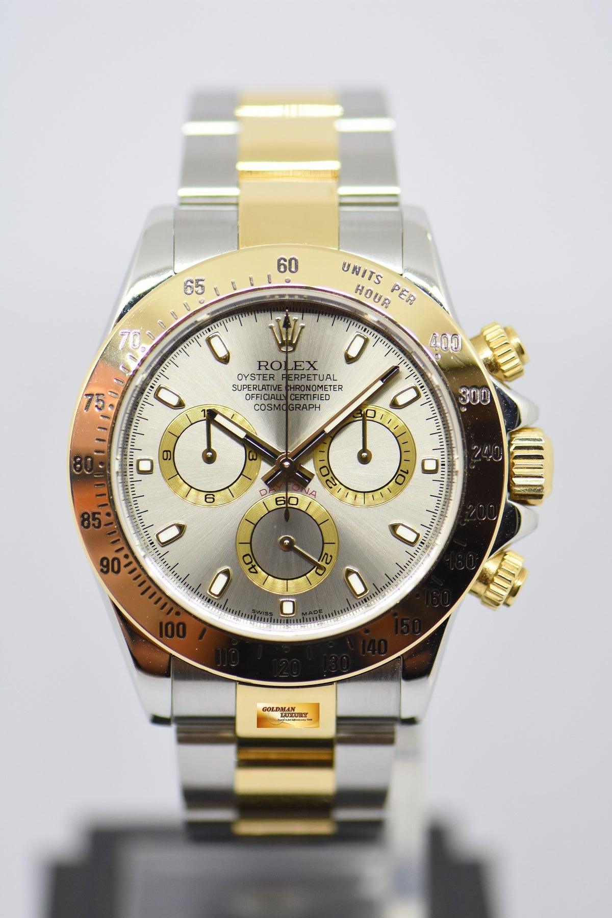 [SOLD] ROLEX OYSTER PERPETUAL DAYTONA HALF-GOLD IN BRACELET SILVER DIAL 116523 (MINT)