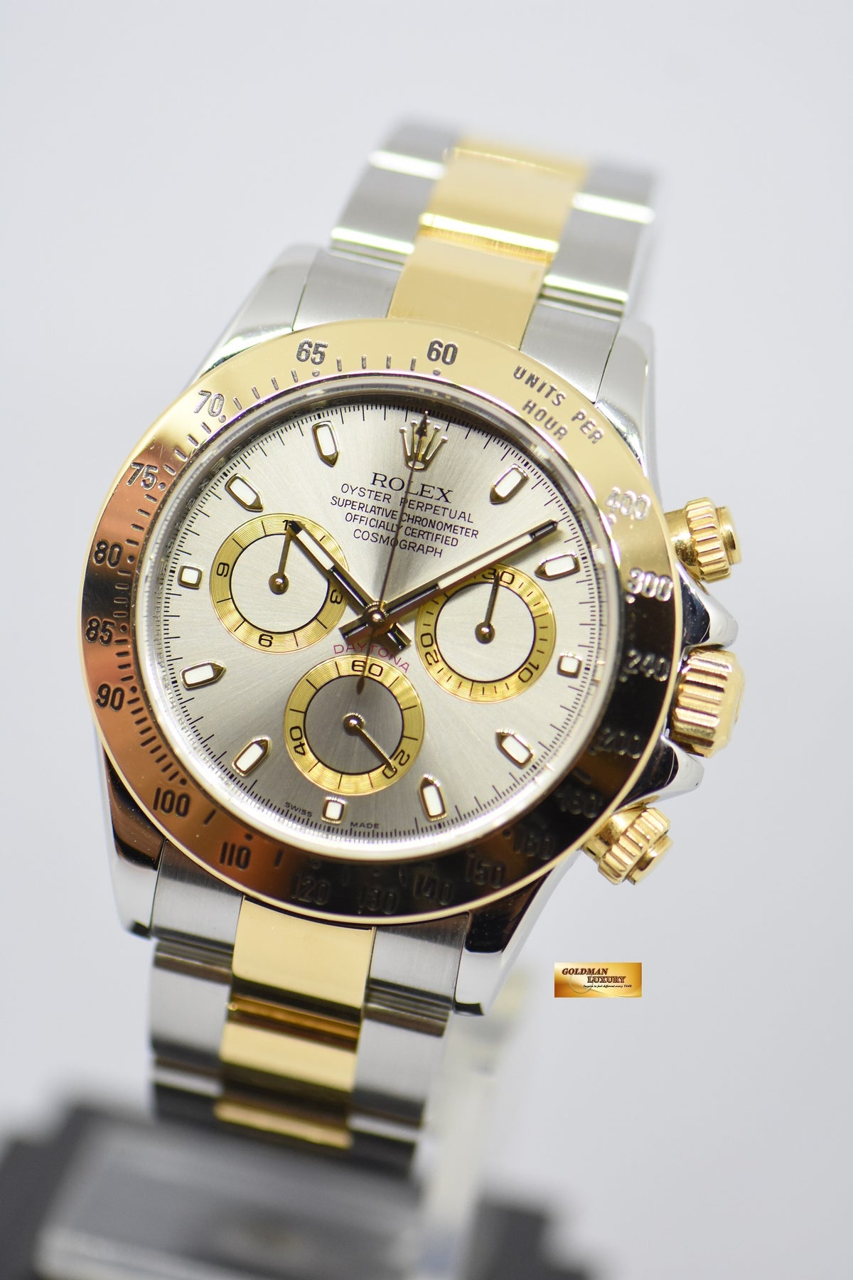[SOLD] ROLEX OYSTER PERPETUAL DAYTONA HALF-GOLD IN BRACELET SILVER DIAL 116523 (MINT)