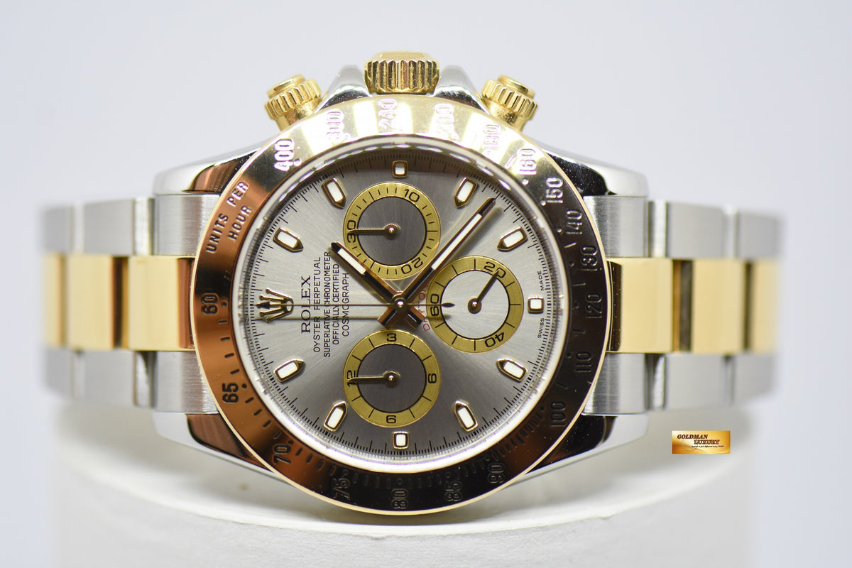 [SOLD] ROLEX OYSTER PERPETUAL DAYTONA HALF-GOLD IN BRACELET SILVER DIAL 116523 (MINT)