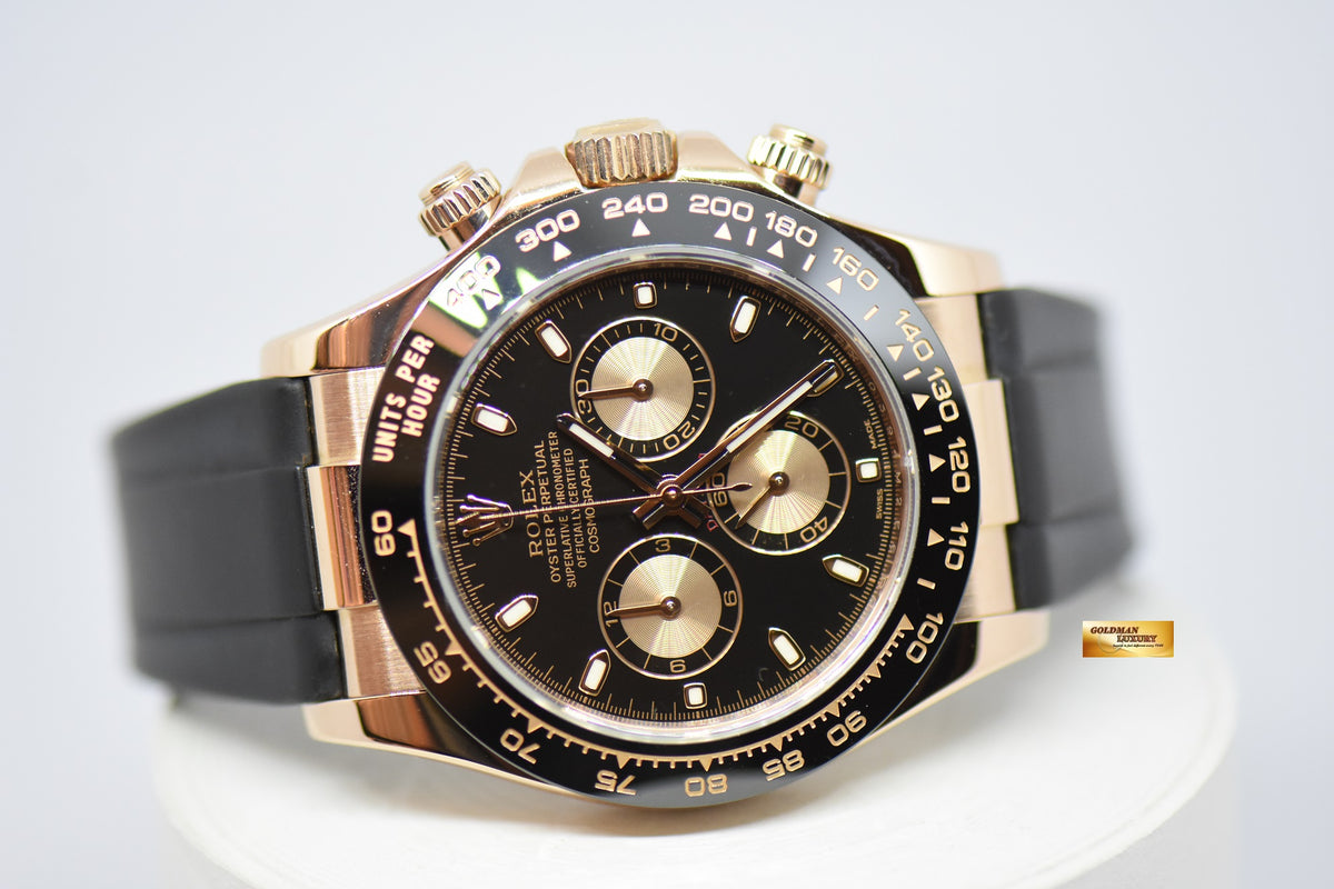 [SOLD] ROLEX OYSTER PERPETUAL DAYTONA ROSE GOLD IN RUBBER STRAP BLACK DIAL CERAMIC BEZEL 116515LN (MINT)