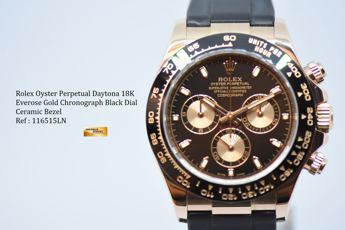 [SOLD] ROLEX OYSTER PERPETUAL DAYTONA ROSE GOLD IN RUBBER STRAP BLACK DIAL CERAMIC BEZEL 116515LN (MINT)