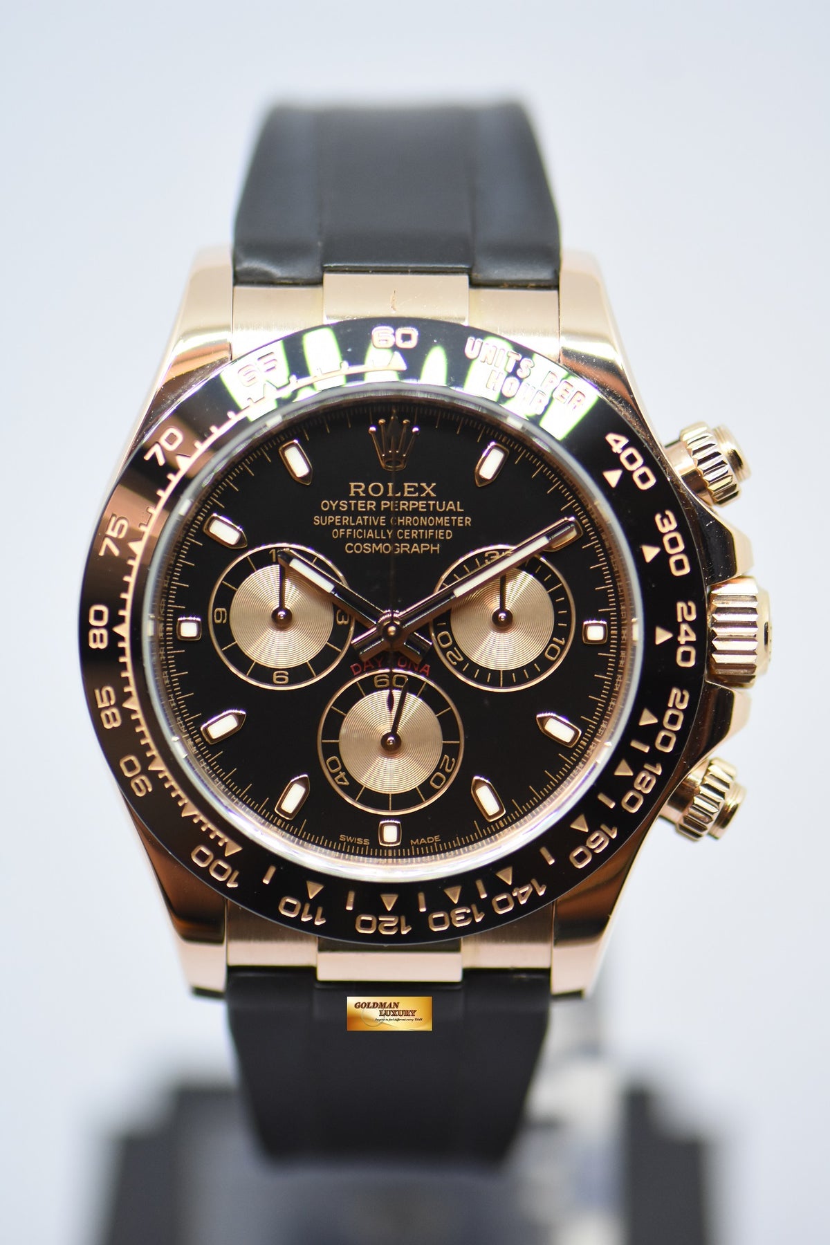 [SOLD] ROLEX OYSTER PERPETUAL DAYTONA ROSE GOLD IN RUBBER STRAP BLACK DIAL CERAMIC BEZEL 116515LN (MINT)