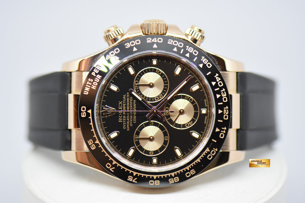 [SOLD] ROLEX OYSTER PERPETUAL DAYTONA ROSE GOLD IN RUBBER STRAP BLACK DIAL CERAMIC BEZEL 116515LN (MINT)
