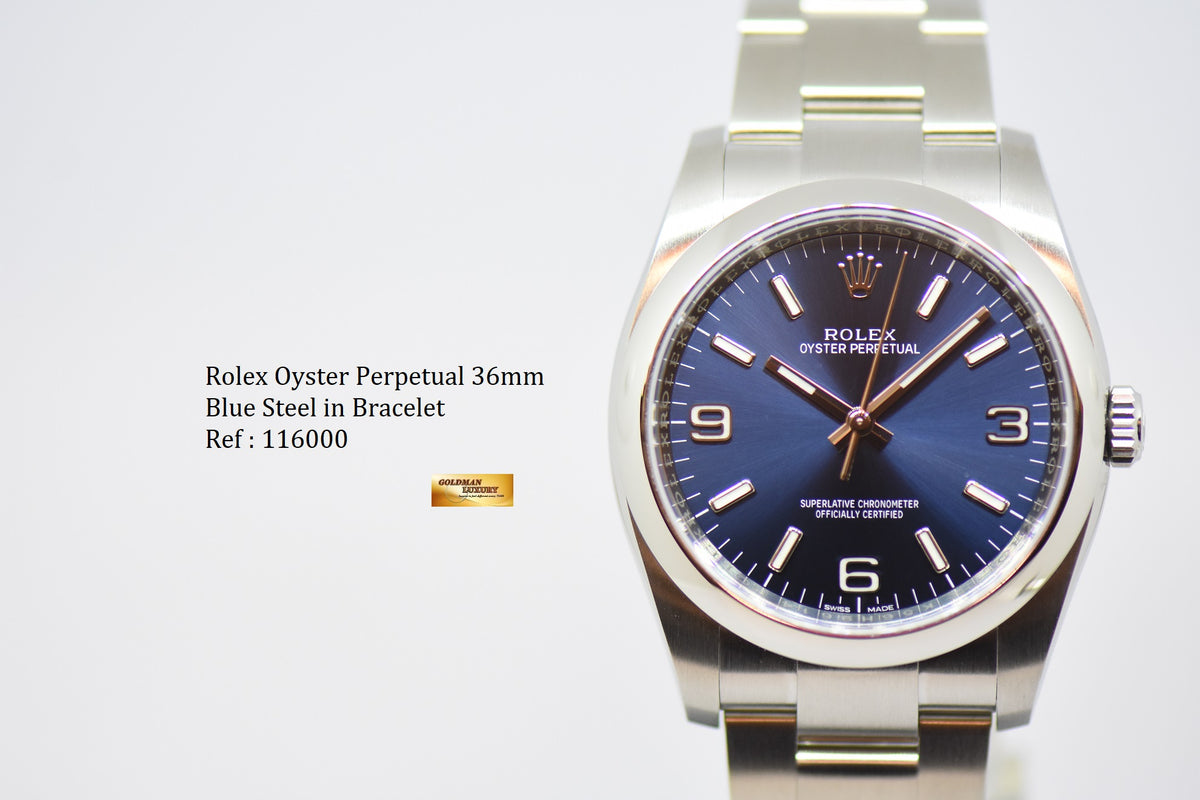 [SOLD] ROLEX OYSTER PERPETUAL 36mm STEEL IN BRACELET BLUE DIAL AUTOMATIC 116000 (NEW-UNWORN)