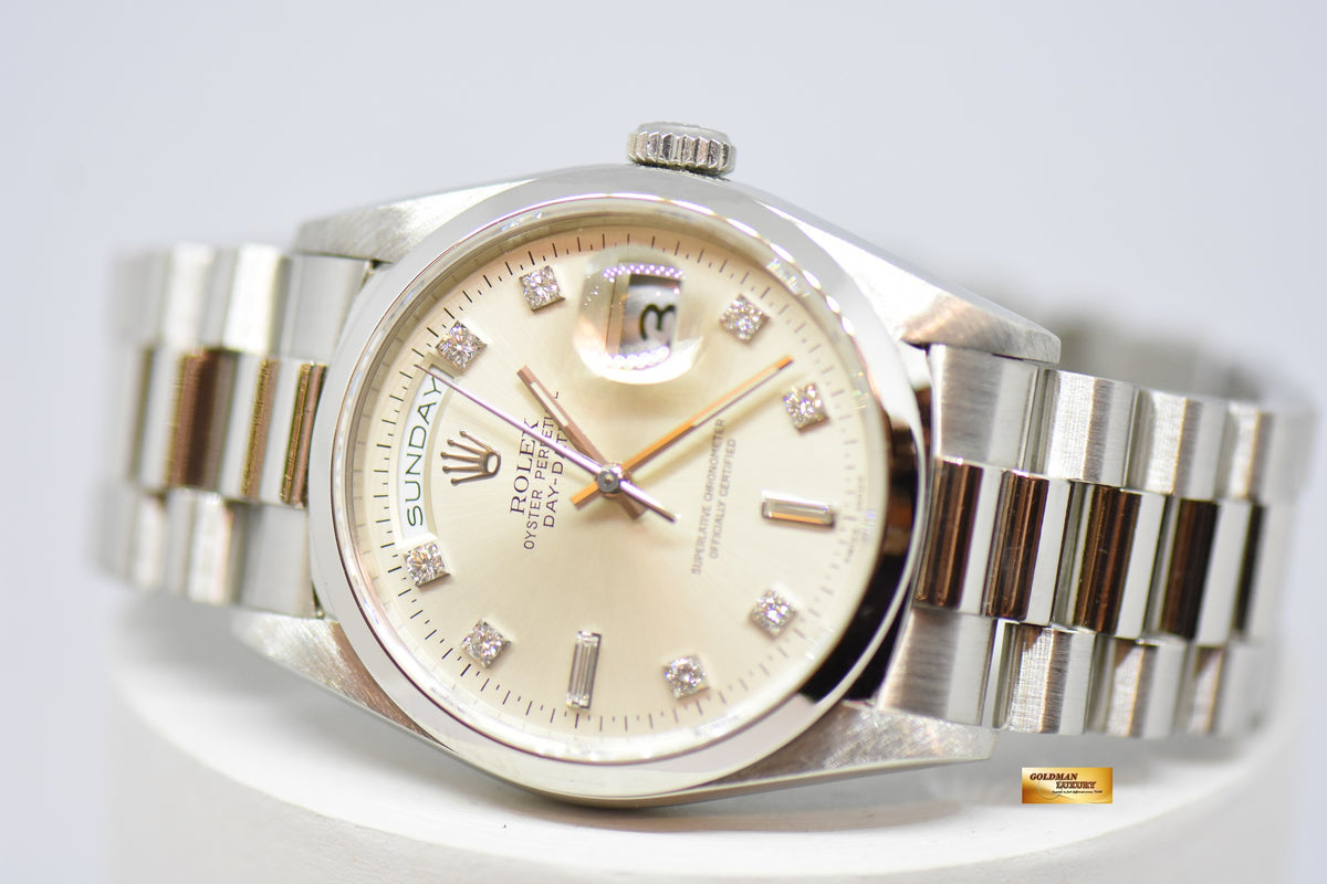 ROLEX OYSTER PERPETUAL 36mm PLATINUM IN BRACELET DIAMOND DIAL AUTOMATIC 18206 (MINT)