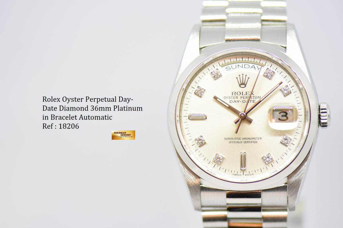 ROLEX OYSTER PERPETUAL 36mm PLATINUM IN BRACELET DIAMOND DIAL AUTOMATIC 18206 (MINT)