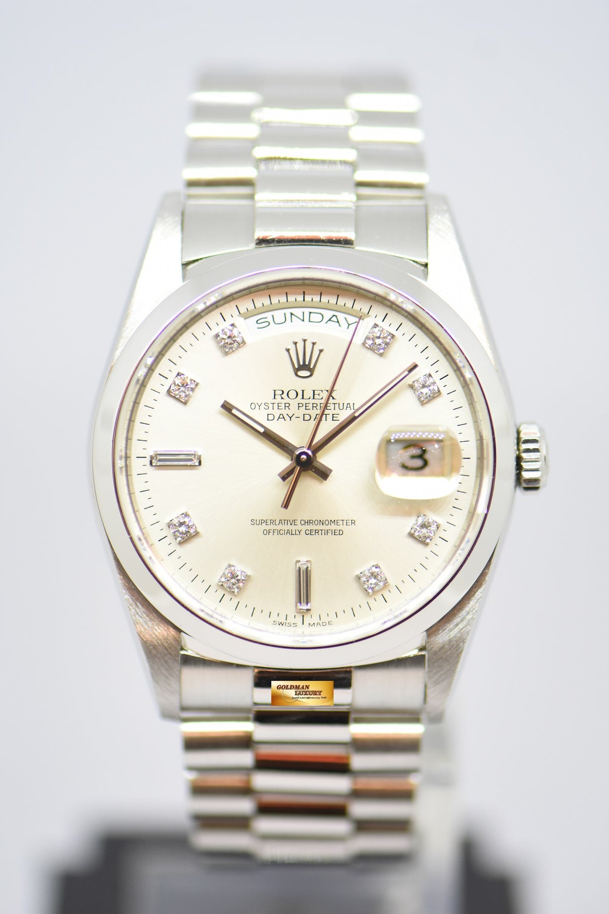 ROLEX OYSTER PERPETUAL 36mm PLATINUM IN BRACELET DIAMOND DIAL AUTOMATIC 18206 (MINT)