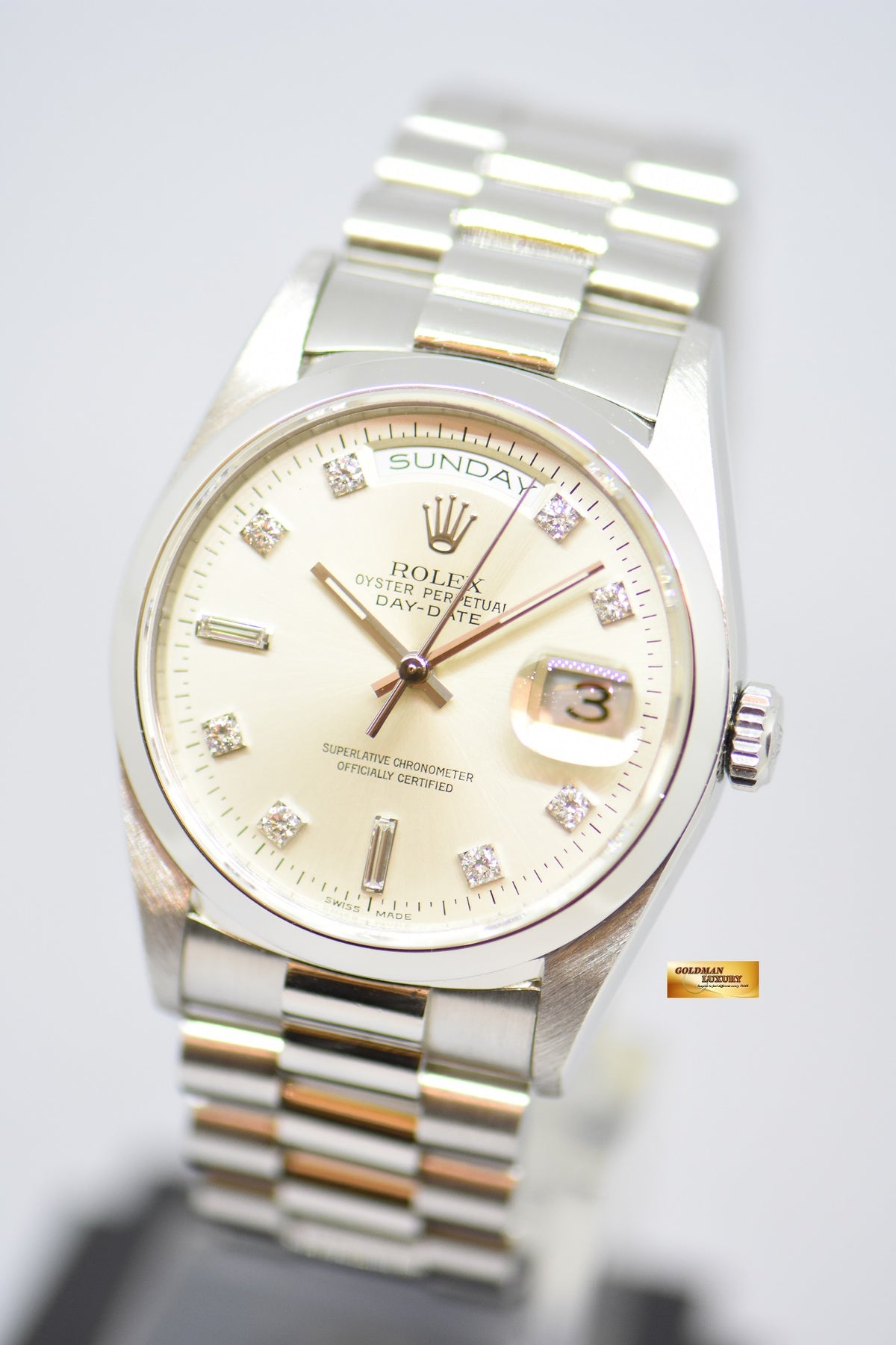 ROLEX OYSTER PERPETUAL 36mm PLATINUM IN BRACELET DIAMOND DIAL AUTOMATIC 18206 (MINT)