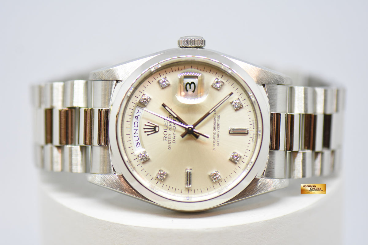 ROLEX OYSTER PERPETUAL 36mm PLATINUM IN BRACELET DIAMOND DIAL AUTOMATIC 18206 (MINT)