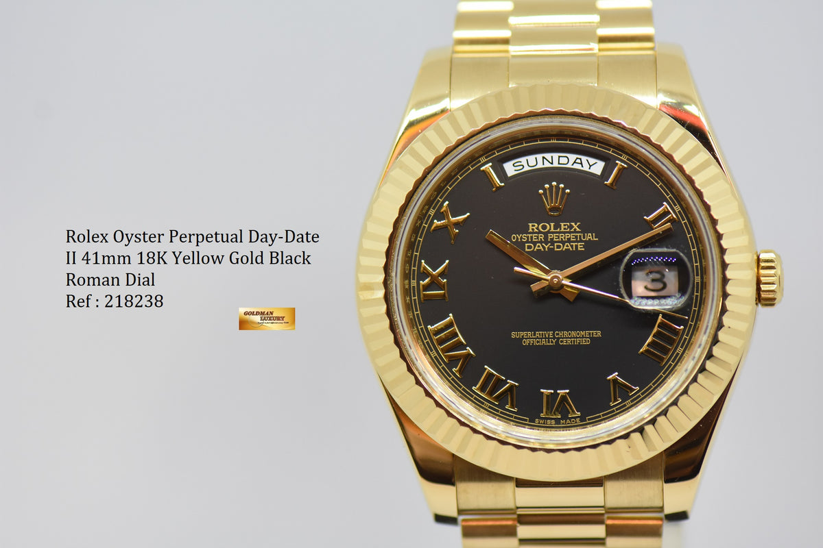 [SOLD] ROLEX OYSTER PERPETUAL DAY-DATE II 18K YELLOW GOLD 41mm PRESIDENT BRACELET BLACK DIAL AUTOMATIC 218238 (LNIB)