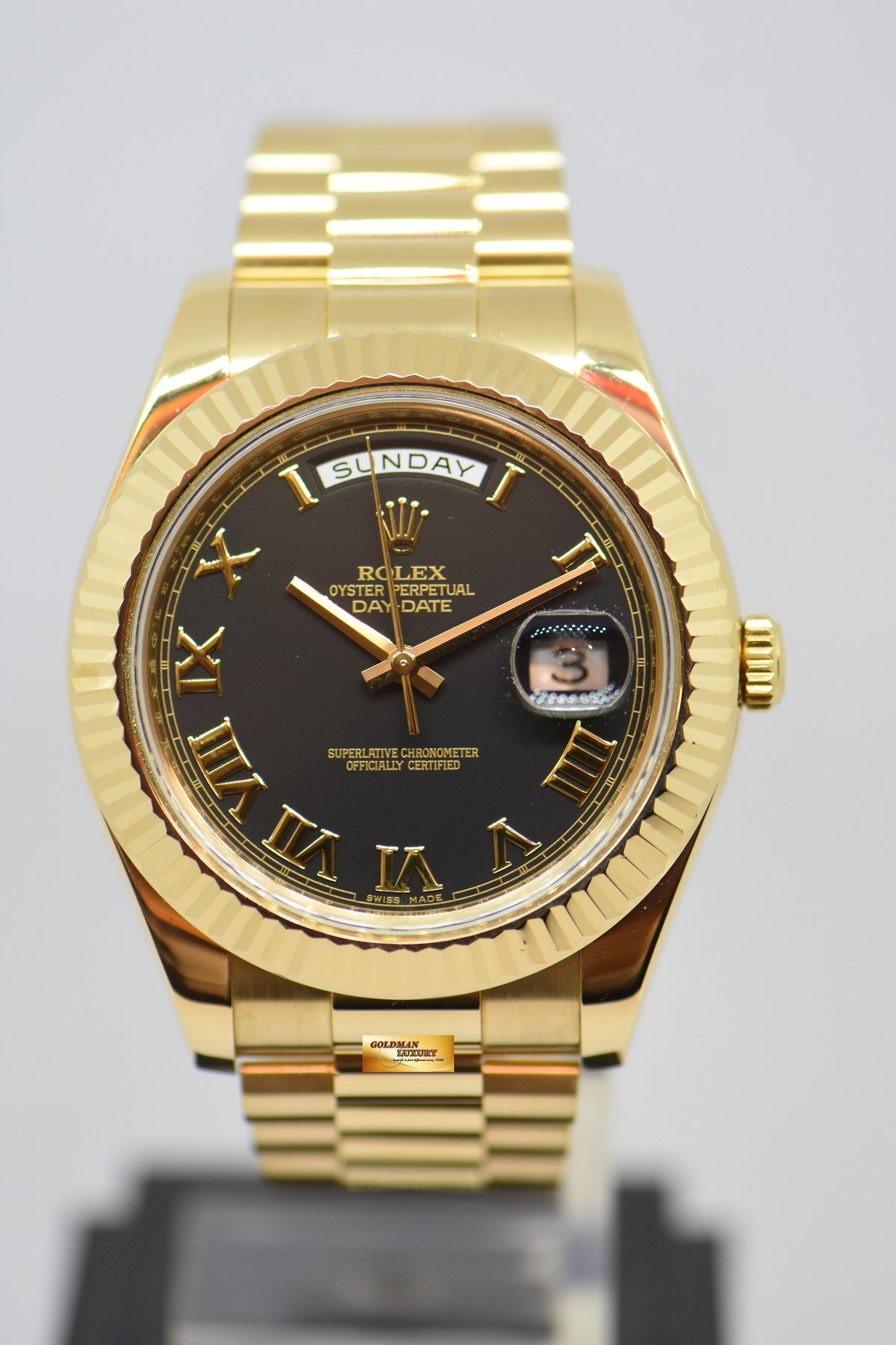 [SOLD] ROLEX OYSTER PERPETUAL DAY-DATE II 18K YELLOW GOLD 41mm PRESIDENT BRACELET BLACK DIAL AUTOMATIC 218238 (LNIB)