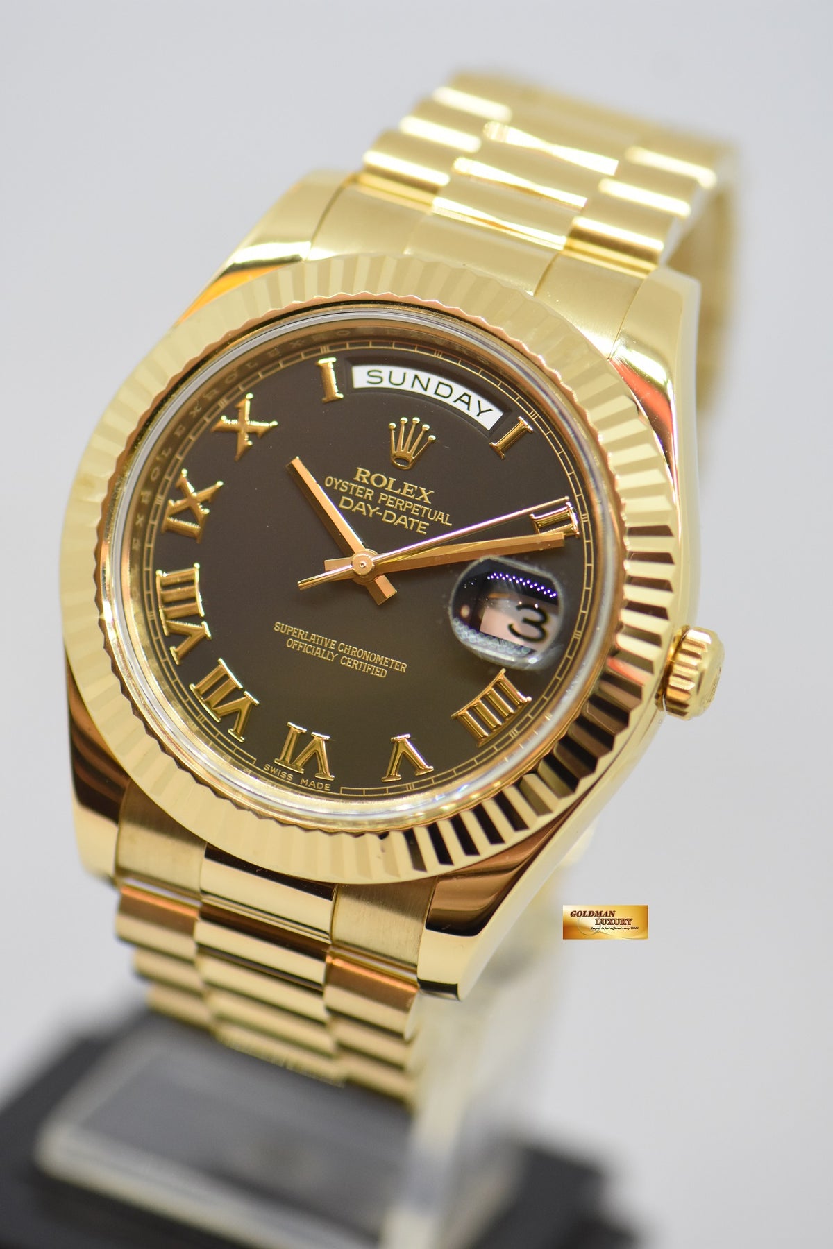 [SOLD] ROLEX OYSTER PERPETUAL DAY-DATE II 18K YELLOW GOLD 41mm PRESIDENT BRACELET BLACK DIAL AUTOMATIC 218238 (LNIB)