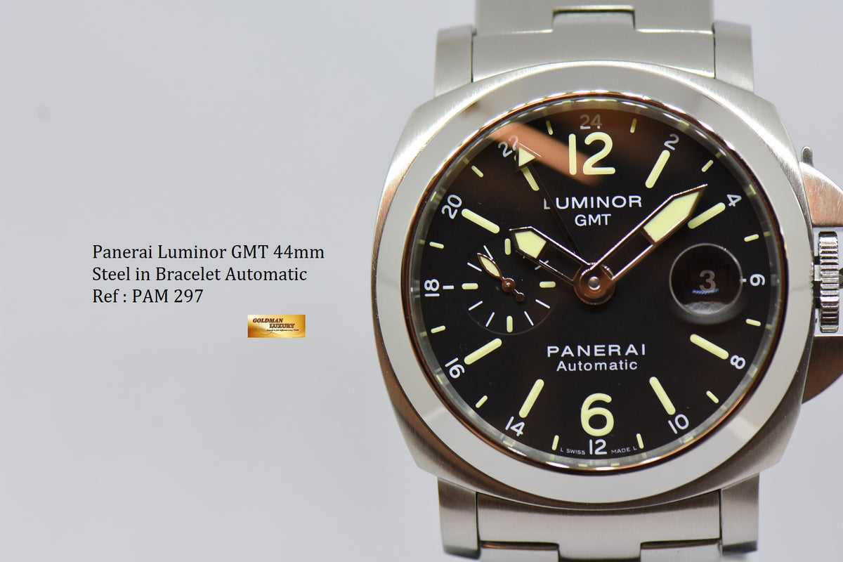 [SOLD] PANERAI LUMINOR GMT 44mm STEEL IN BRACELET AUTOMATIC PAM 297 (MINT)
