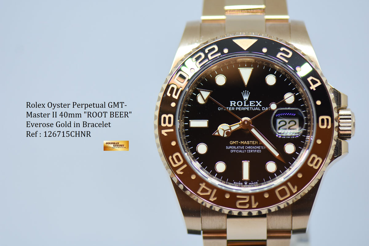 [SOLD] ROLEX OYSTER PERPETUAL GMT-MASTER II “ROOT BEER” EVEROSE GOLD IN BRACELET 126715CHNR (LNIB)