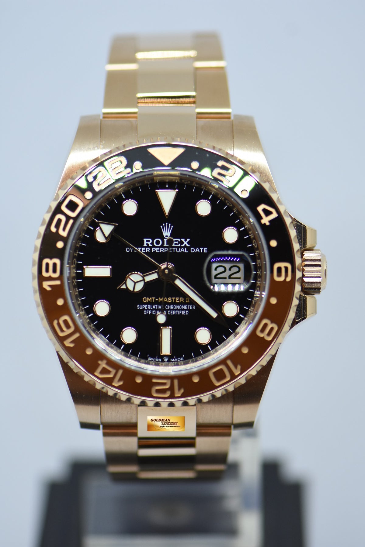 [SOLD] ROLEX OYSTER PERPETUAL GMT-MASTER II “ROOT BEER” EVEROSE GOLD IN BRACELET 126715CHNR (LNIB)